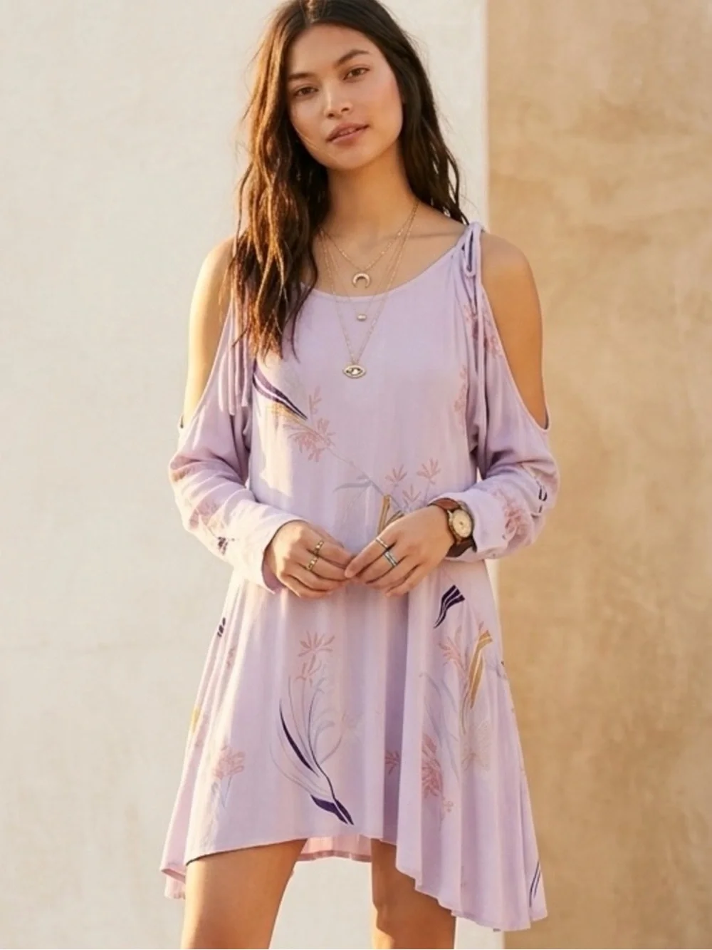 Free People Clear Skies Lavender Cold-Shoulder Floral Long Sleeve Mini Dress